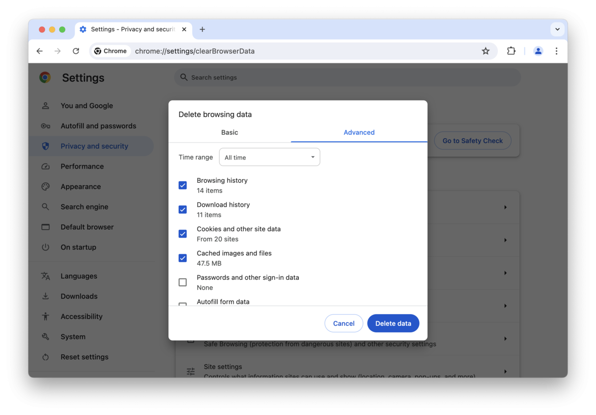 DELETE BROWSER DATA IN CHROME visual data 4